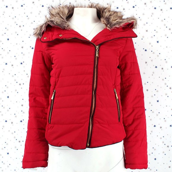Removable Faux Fur Collar Puffer Jacket Red - Picture 2 of 8